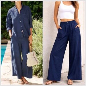 Frank & Eileen Maisie Pull On Crop Wide Leg Linen Pant navy blue Lagenlook Sz XS